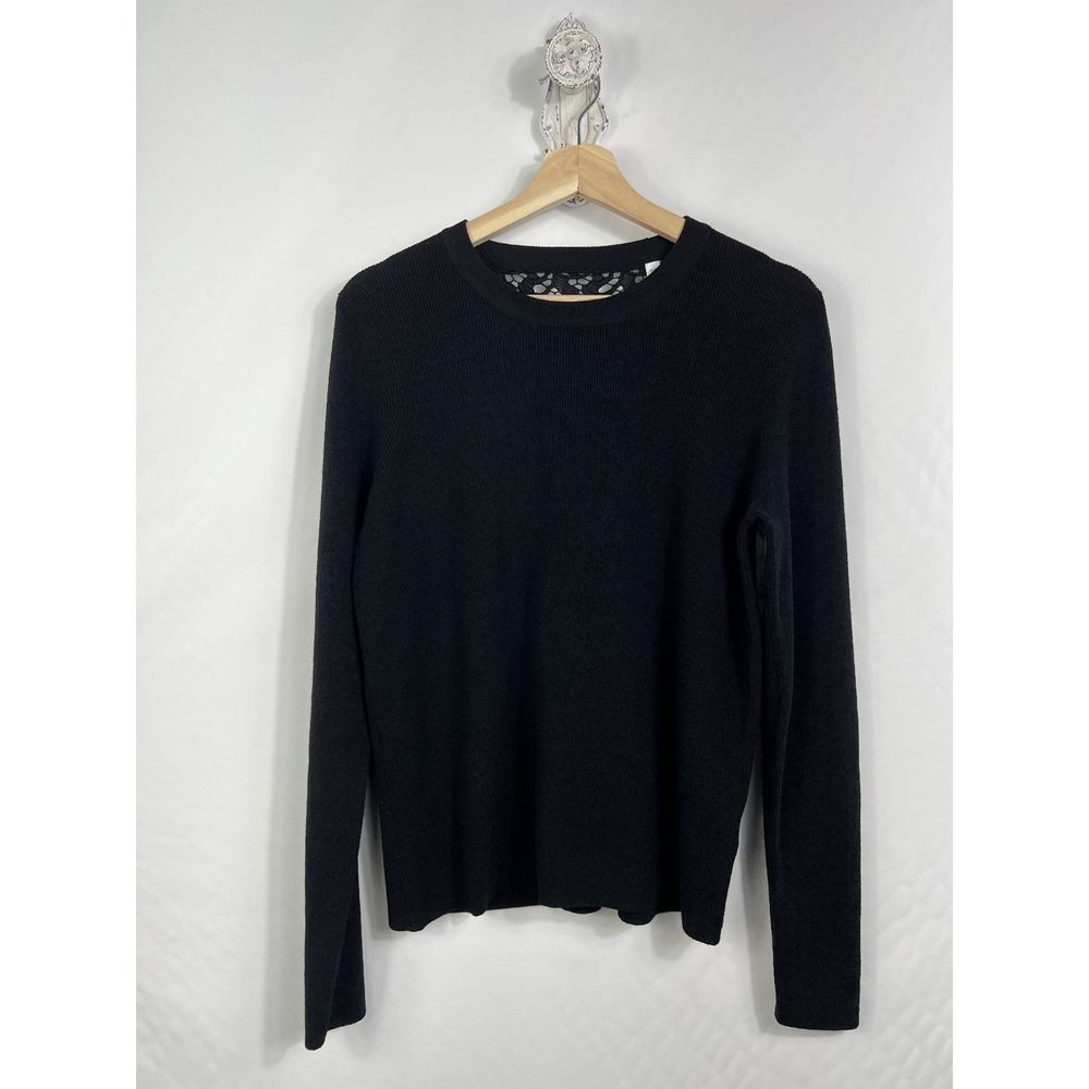 ALC Black Merino Wool Ribbed Sweater Lace Back Panel Crew Neck S-09 9442A Mens L